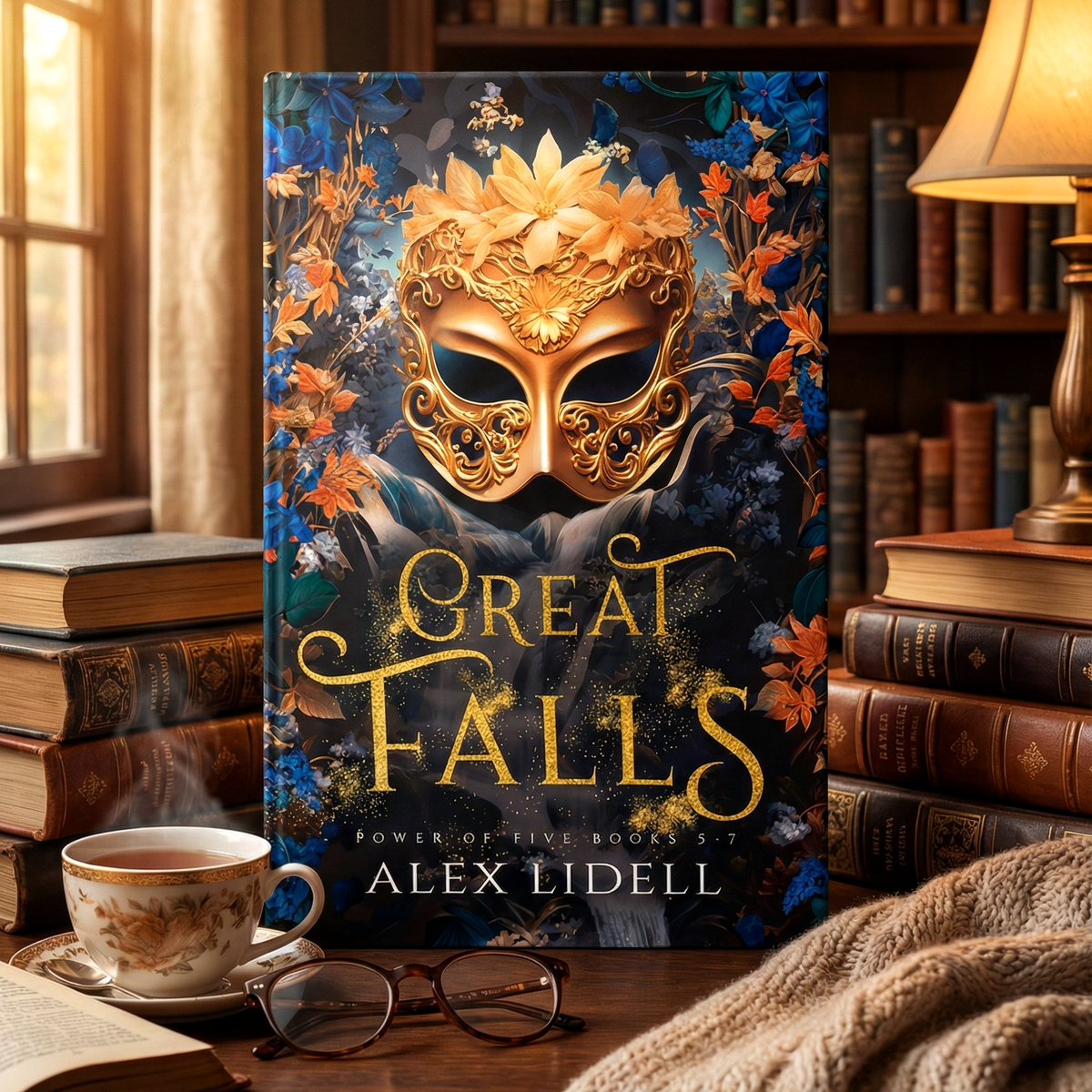 Book titled 'Great Falls' by Alex Lidell with a decorative mask on the cover, surrounded by books and a cup of tea.