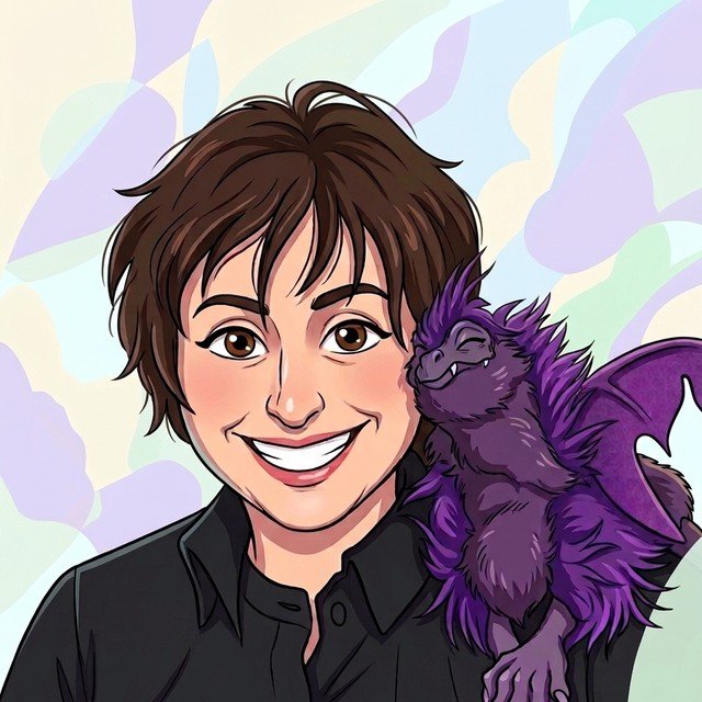 Illustrated portrait of author Alex Lidell with a small purple dragon on her shoulder